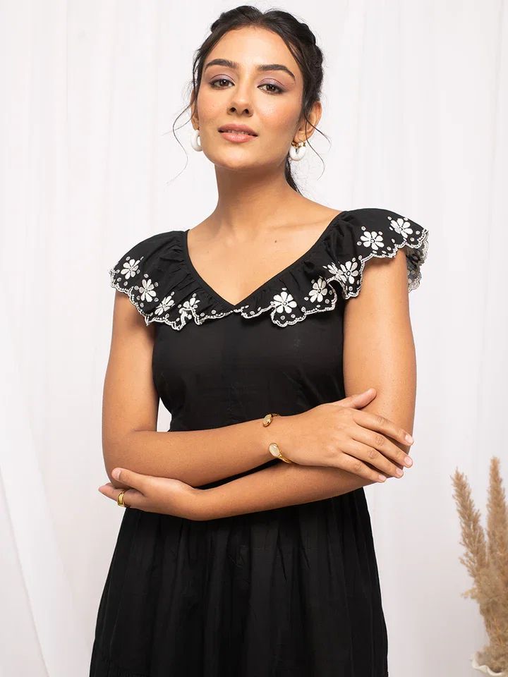 FIORRA DR0001 Women's Balck Colour Solid Cotton Skater Dress 