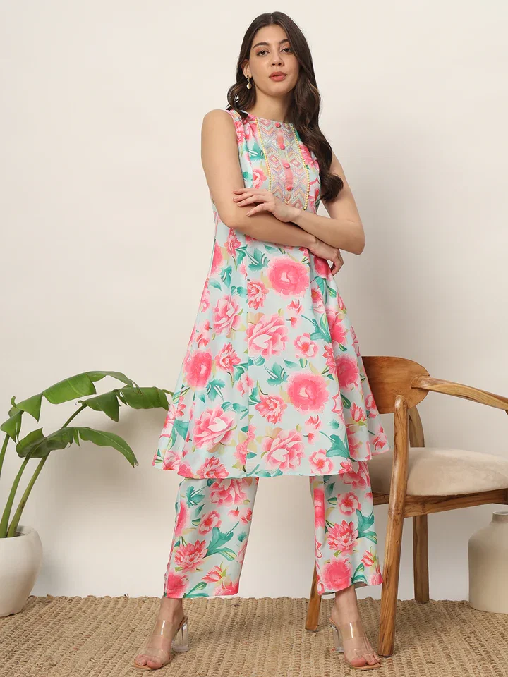 FIORRA SET0147 Women's Pink Cotton Blend A-Line Kurta Set
