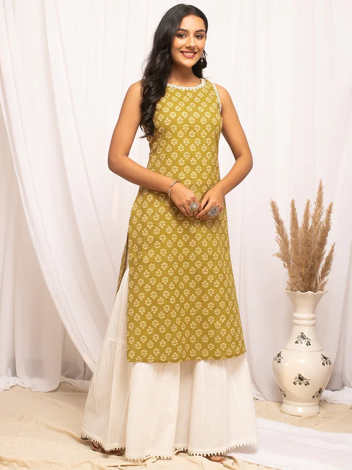 FIORRA FAR0109 Women's Floral Printed Yellow Cotton Straight Kurta