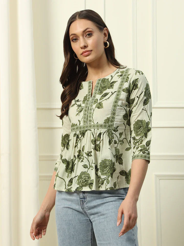 FIORRA TOP005 Women's Pista Green Floral Printed Cotton Top