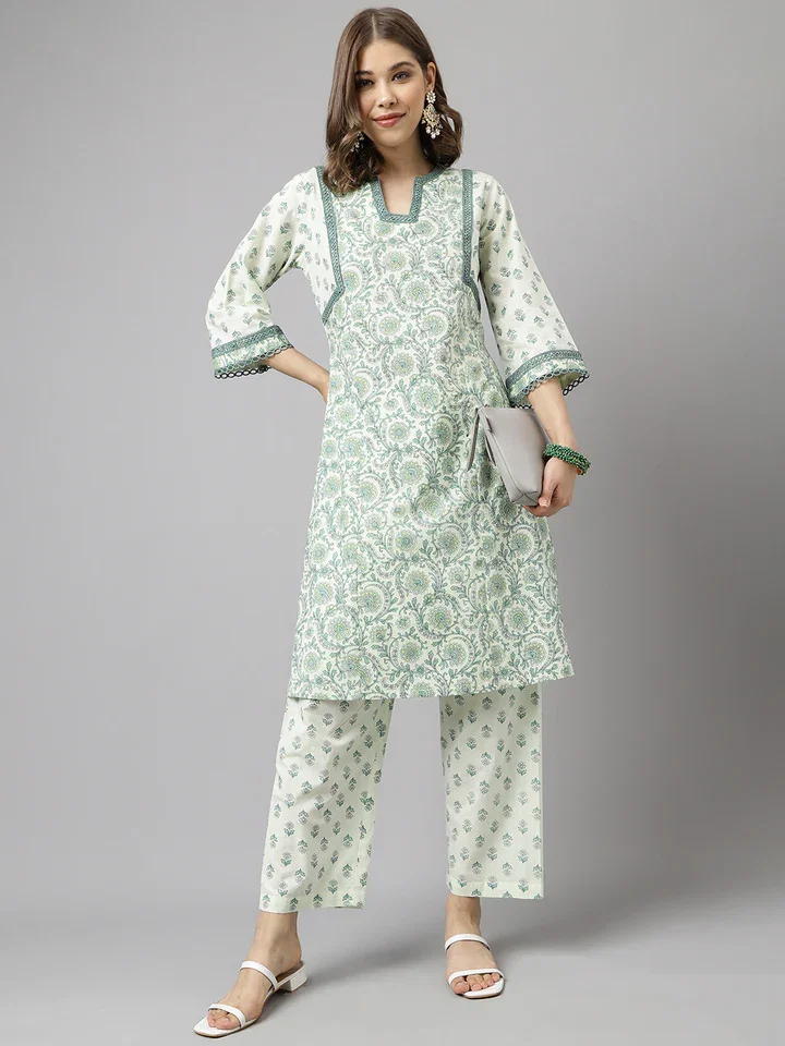 FIORRA SET0100 Women's Mint Green Pure Cotton A-line Kurta with Pant