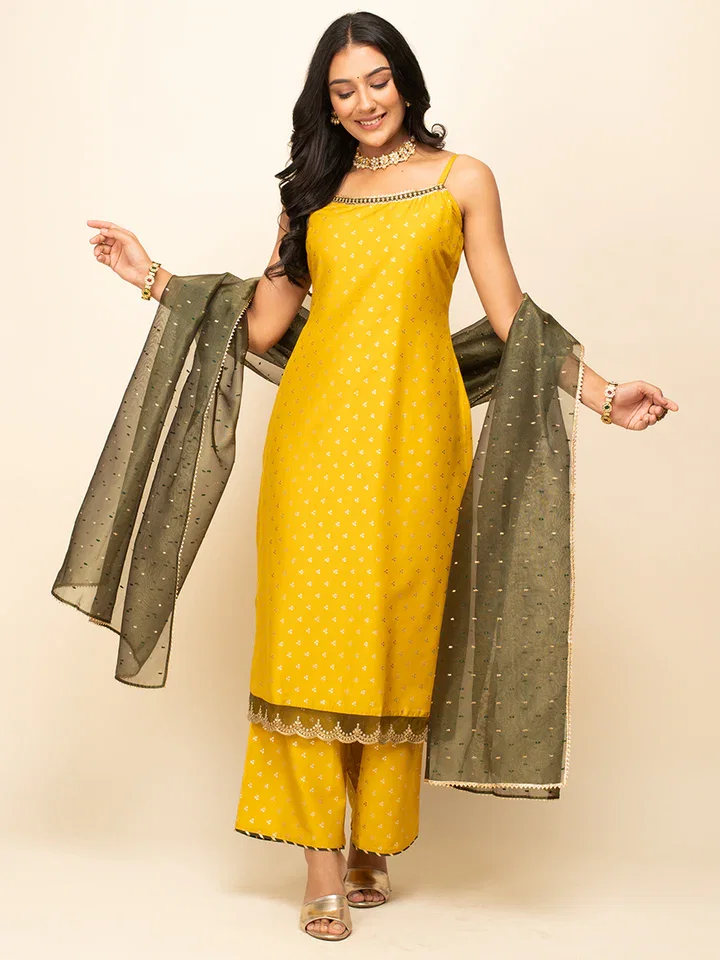 FIORRA SET0119 Women's Yellow Silk Blend Straight Kurta With Palazzo And Dupatta