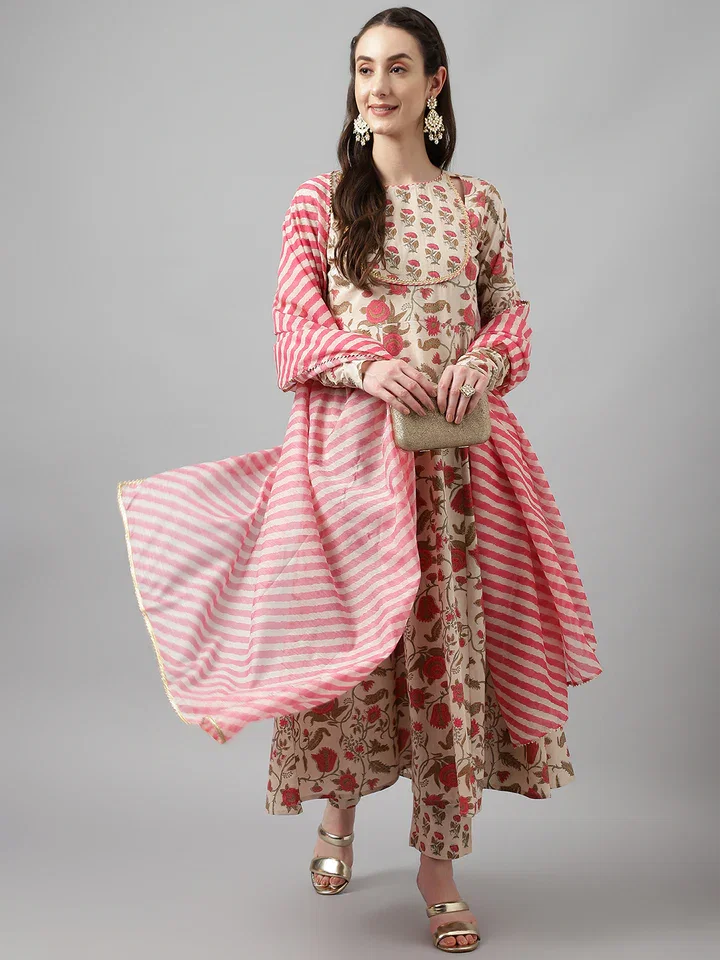 FIORRA SET0070 Women's Beige Pure Cotton Flared Kurta with Pant and Dupatta