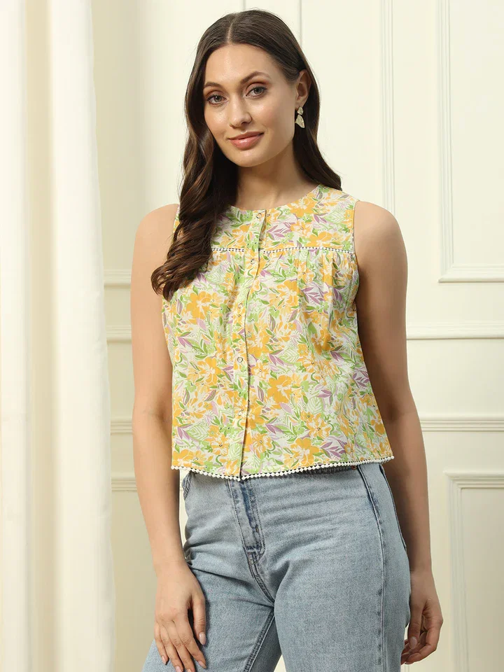 FIORRA TOP013 Women's Yellow Floral Printed Cotton Top