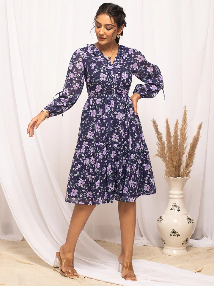 FIORRA DR0014 Women's Blue Georgette Floral Printed Dress