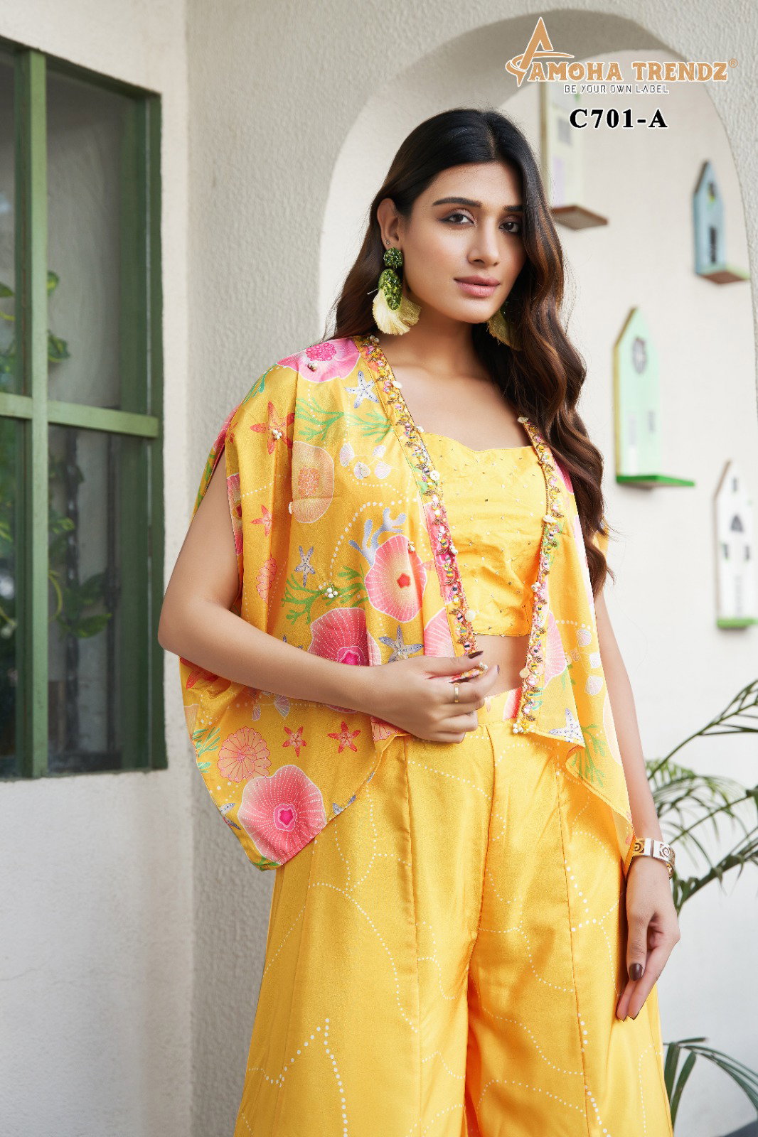 Amoha C701 Floral Printed Crepe Crop Top With Bottom And Shrug