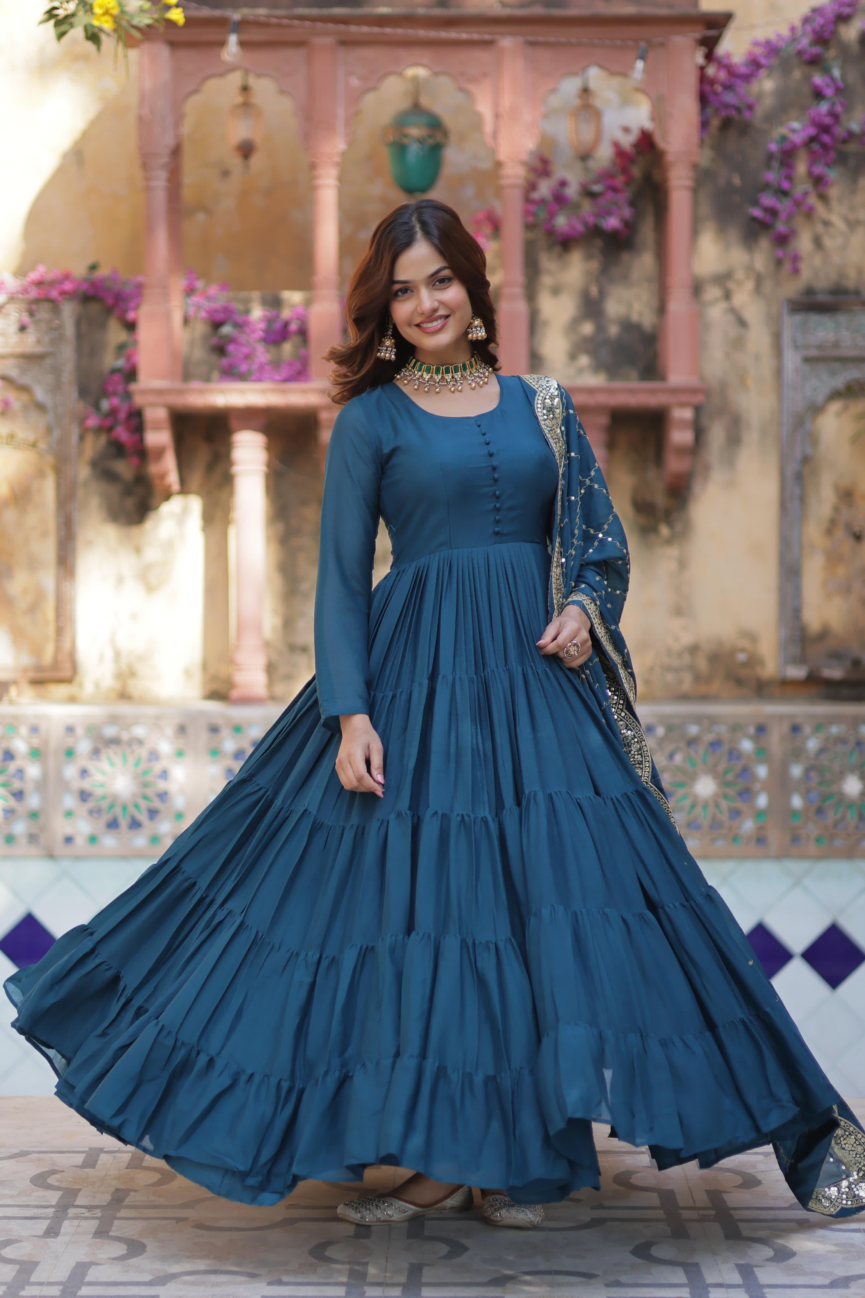 Wedding Wear Fully Flair Georgette Gown And Embroidered Dupatta Collection