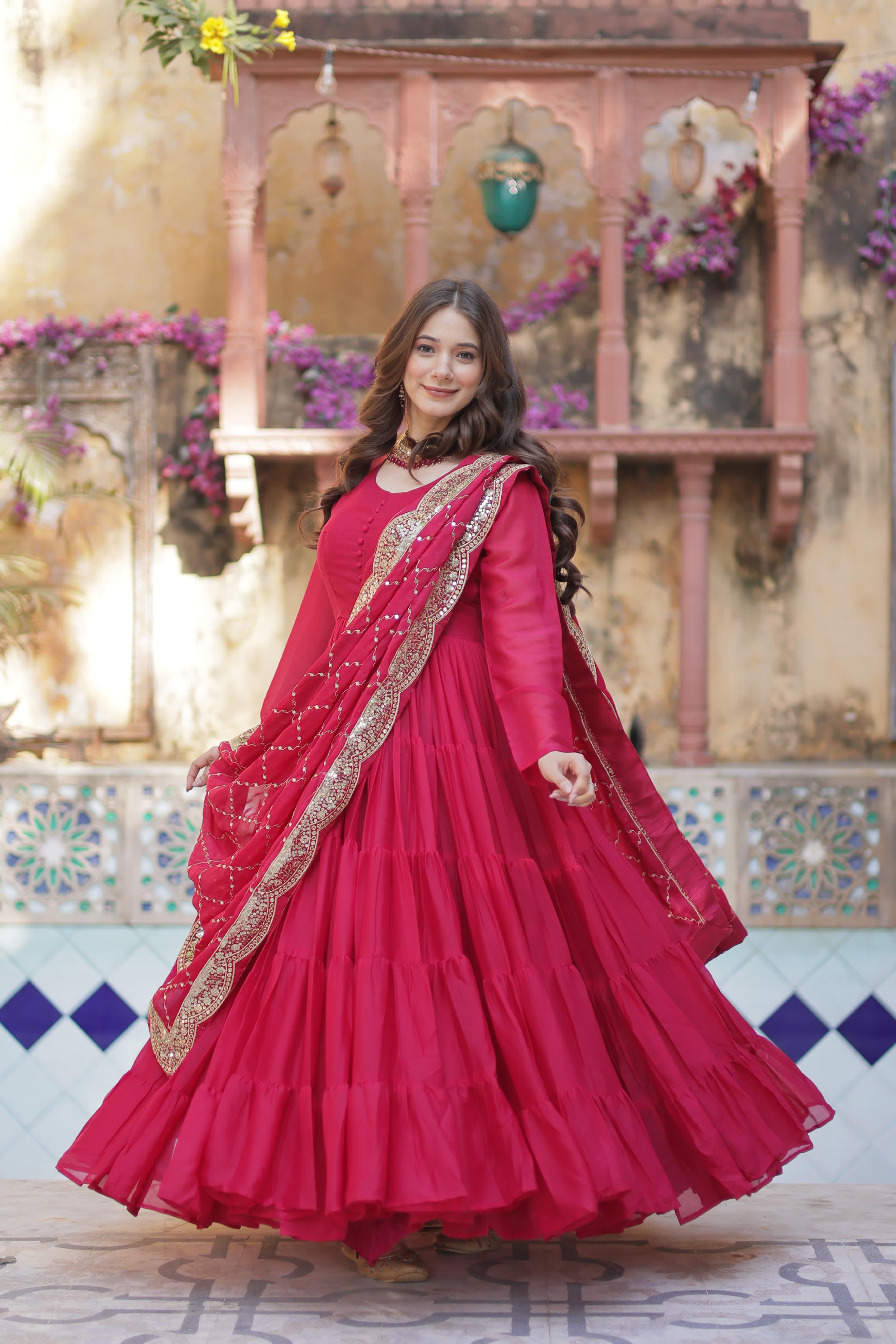 Wedding Wear Fully Flair Georgette Gown And Embroidered Dupatta Collection