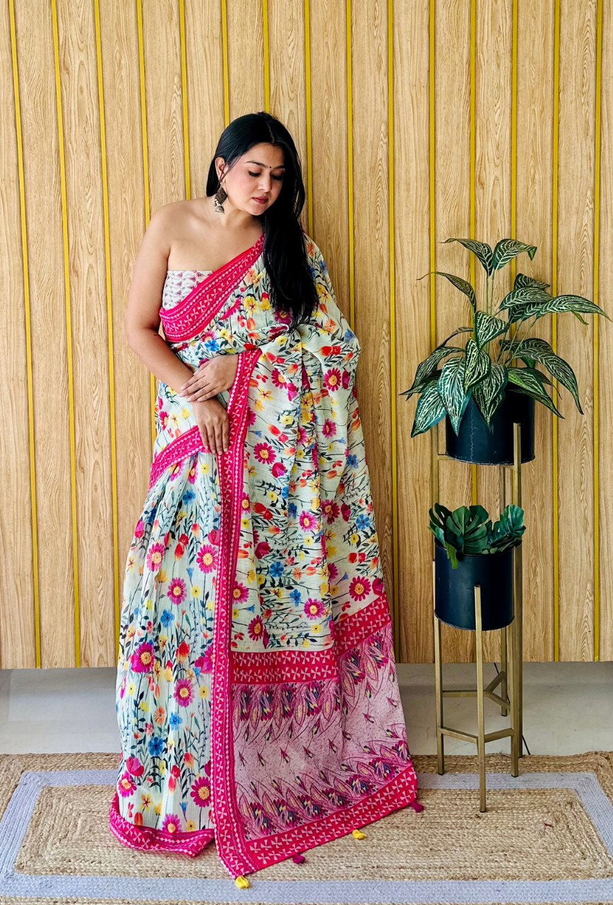 Vc indrani Digital Printed Linen Fancy Saree Collection
