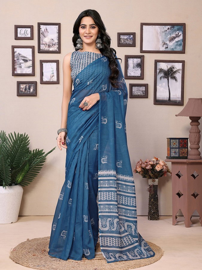Meera 248 Party Wear Printed Cotton Ready to Wear Saree with Un Stitched Blouse(Wear Up to 44)