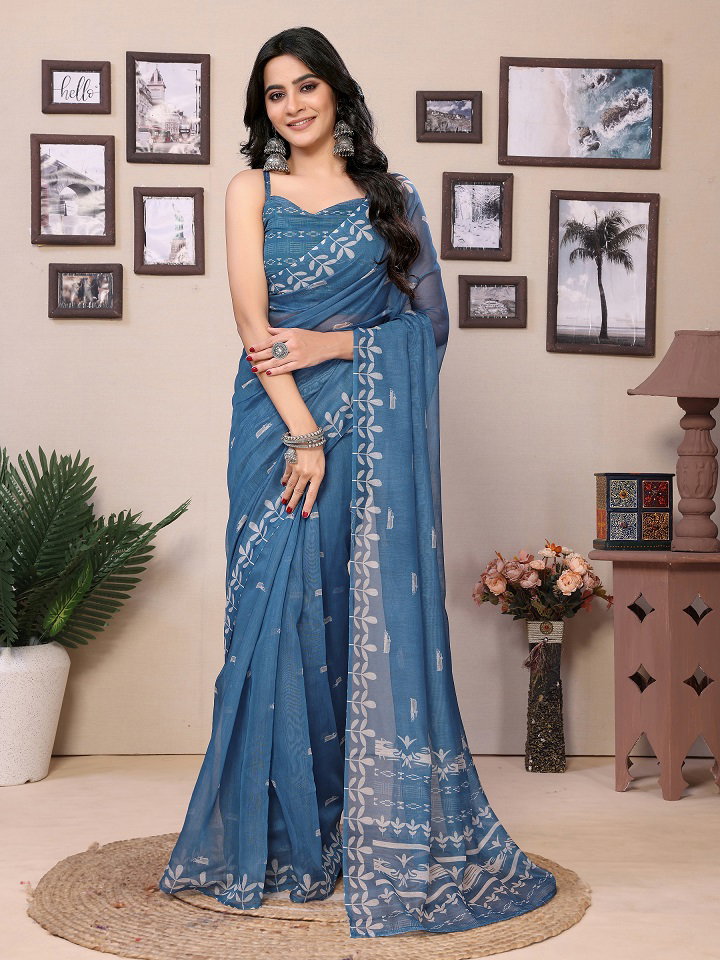 Meera 248 Party Wear Printed Cotton Ready to Wear Saree with Un Stitched Blouse(Wear Up to 44)