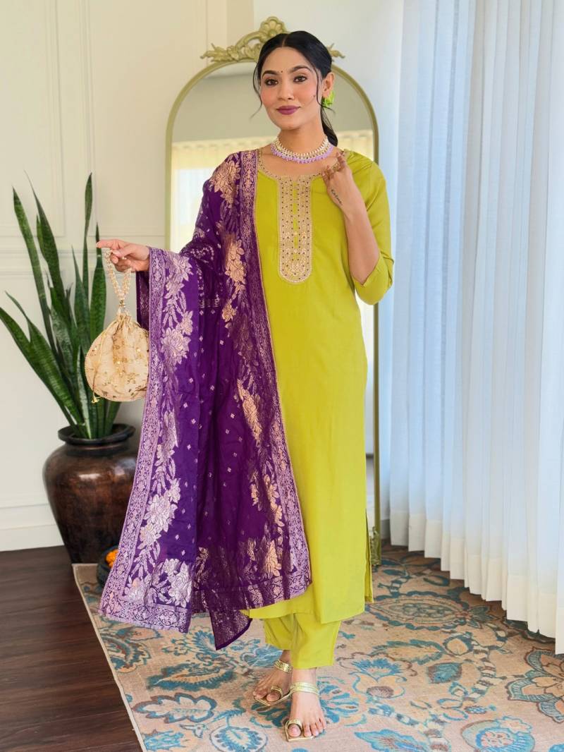 KUSUMA-627 Lime Fancy Kurti Bottom With Dupatta