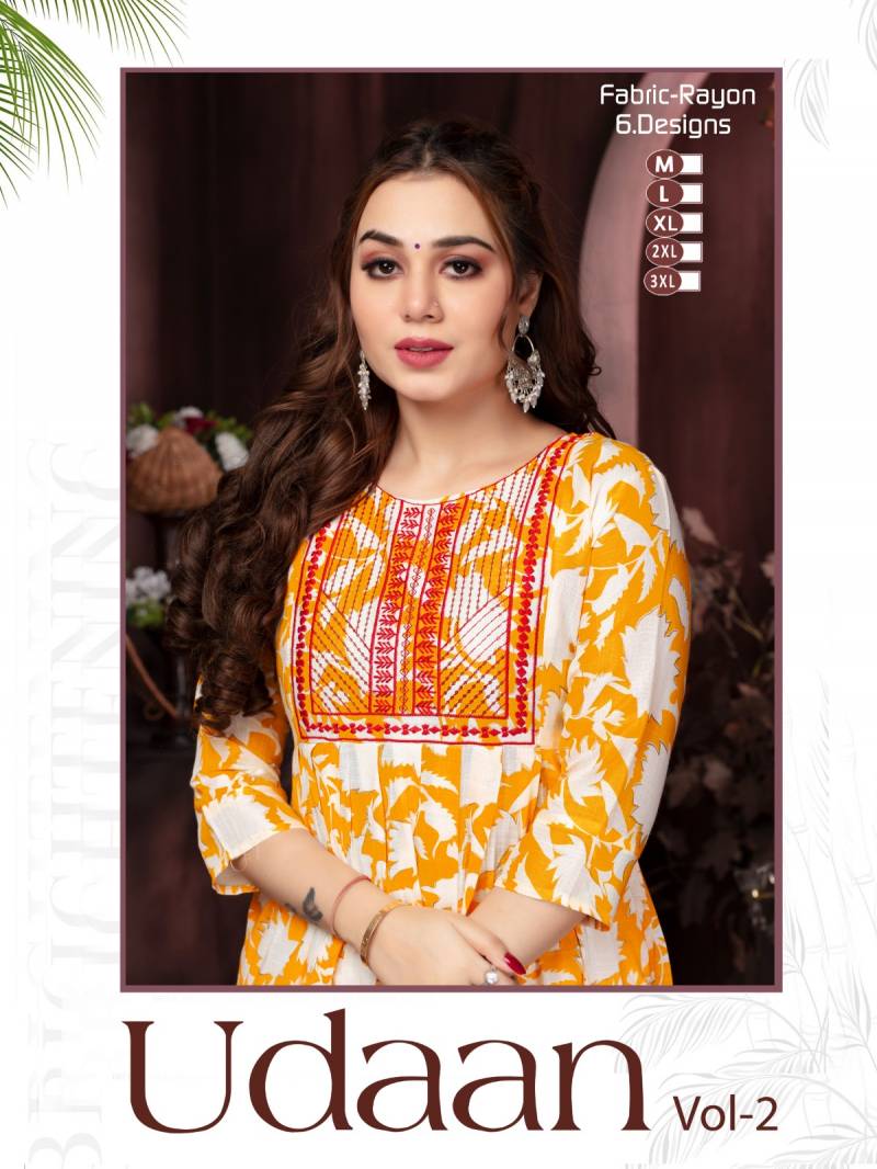 Trendy Udaan Vol 2 Rayon Printed Embroidery Anarkali Kurtis Collection