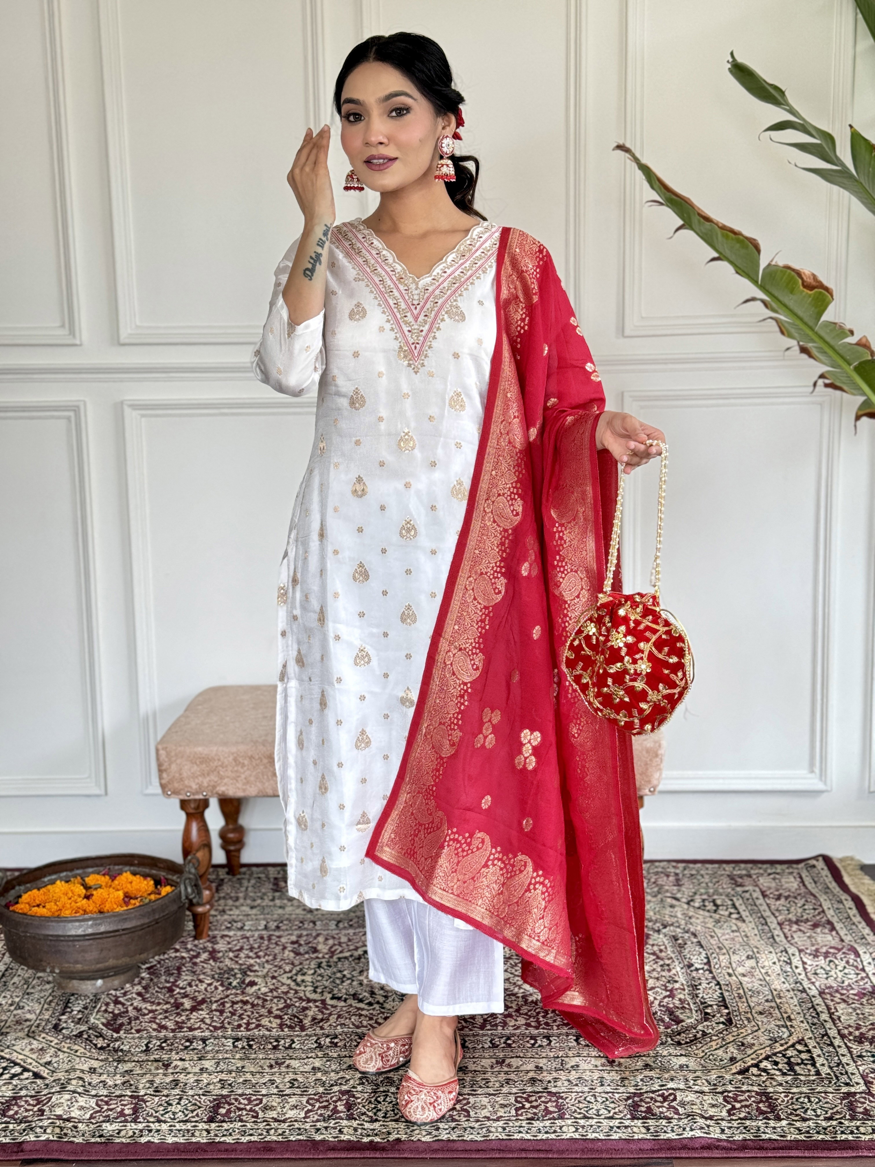 KUSUMA T-08 Wf 108 White Jacquard Kurti Bottom With Dupatta Collection