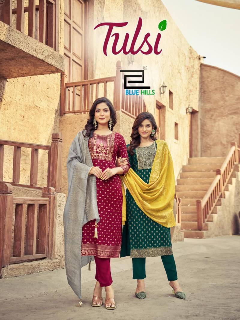 Blue Hills Tulsi Rayon Foil Printed Top Bottom With Dupatta Collection