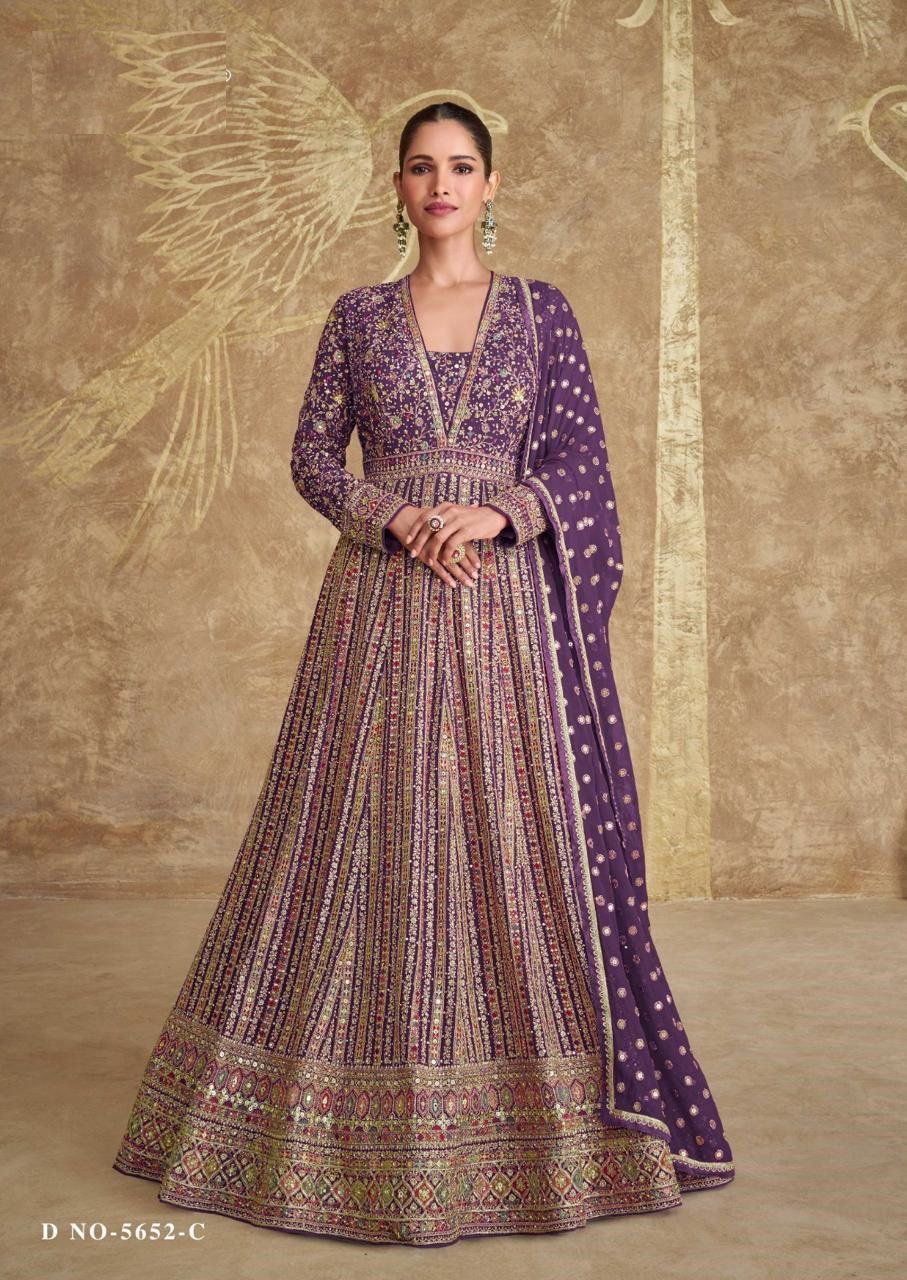 Royal Gold Colors 5652 A To C Designer Embroidered Gown With Dupatta