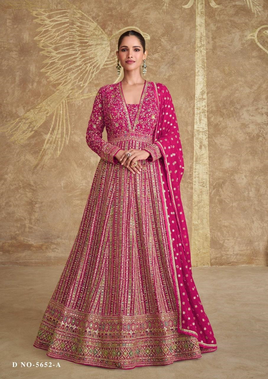 Royal Gold Colors 5652 A To C Designer Embroidered Gown With Dupatta