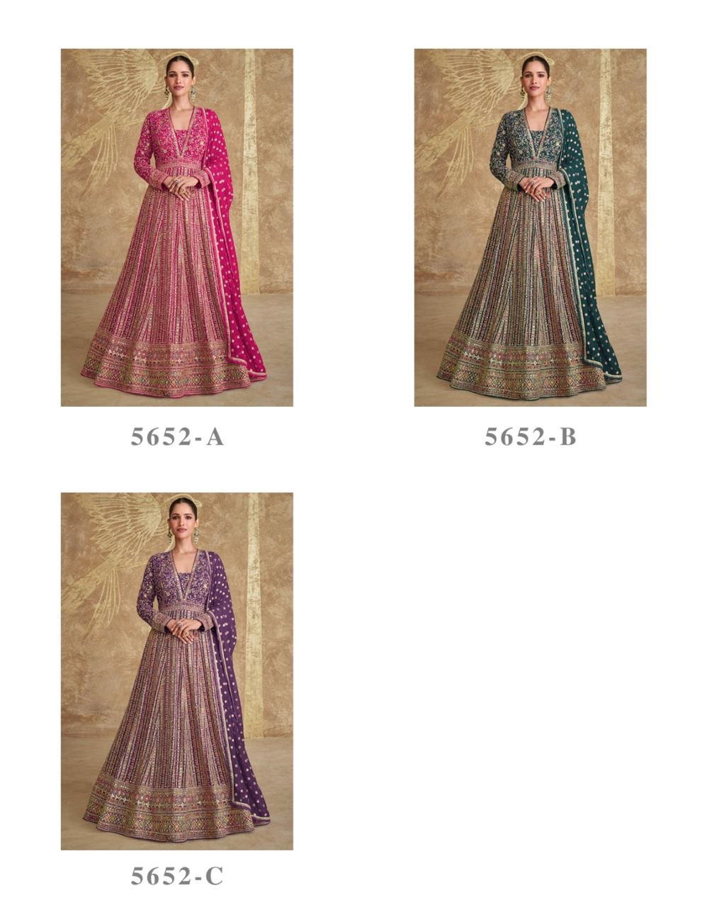 Royal Gold Colors 5652 A To C Designer Embroidered Gown With Dupatta