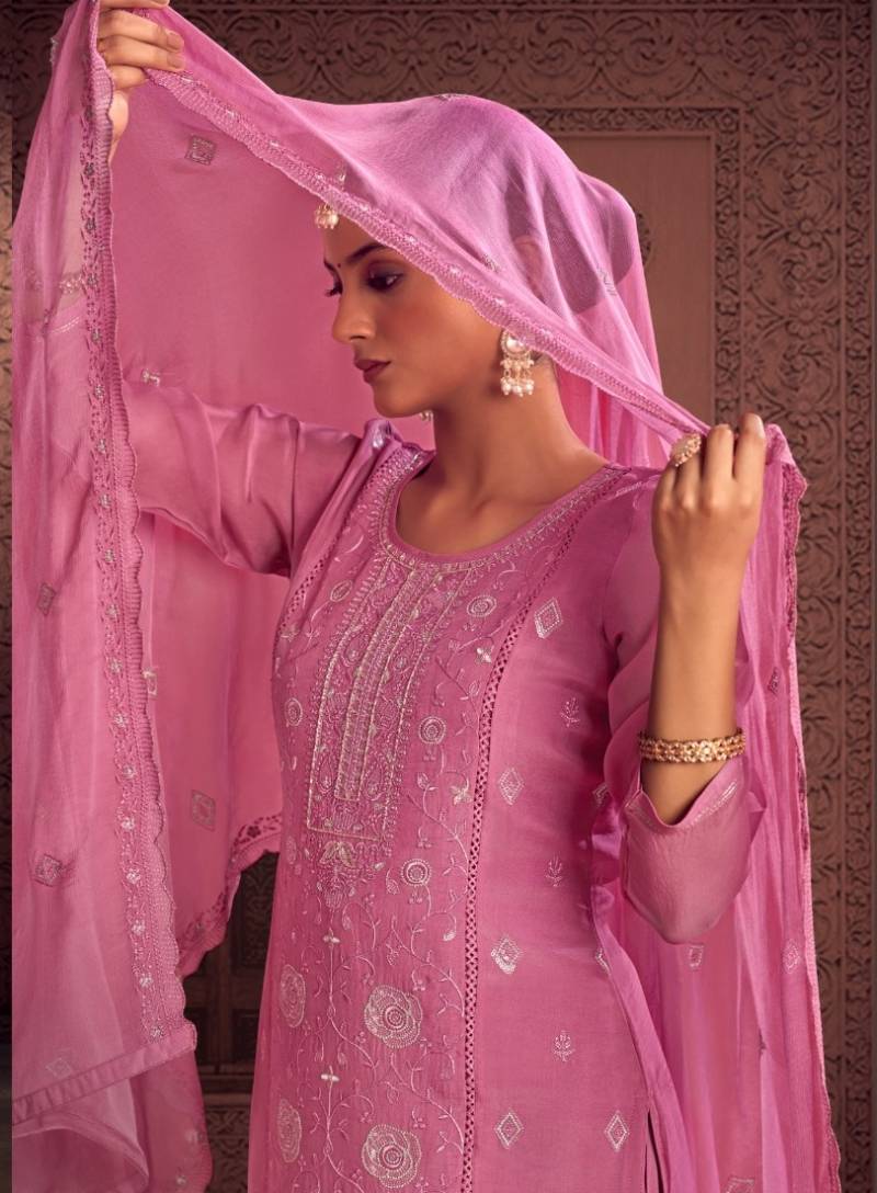 Four Dots Kumkum Glass Organza With Khatli Work Dress Material