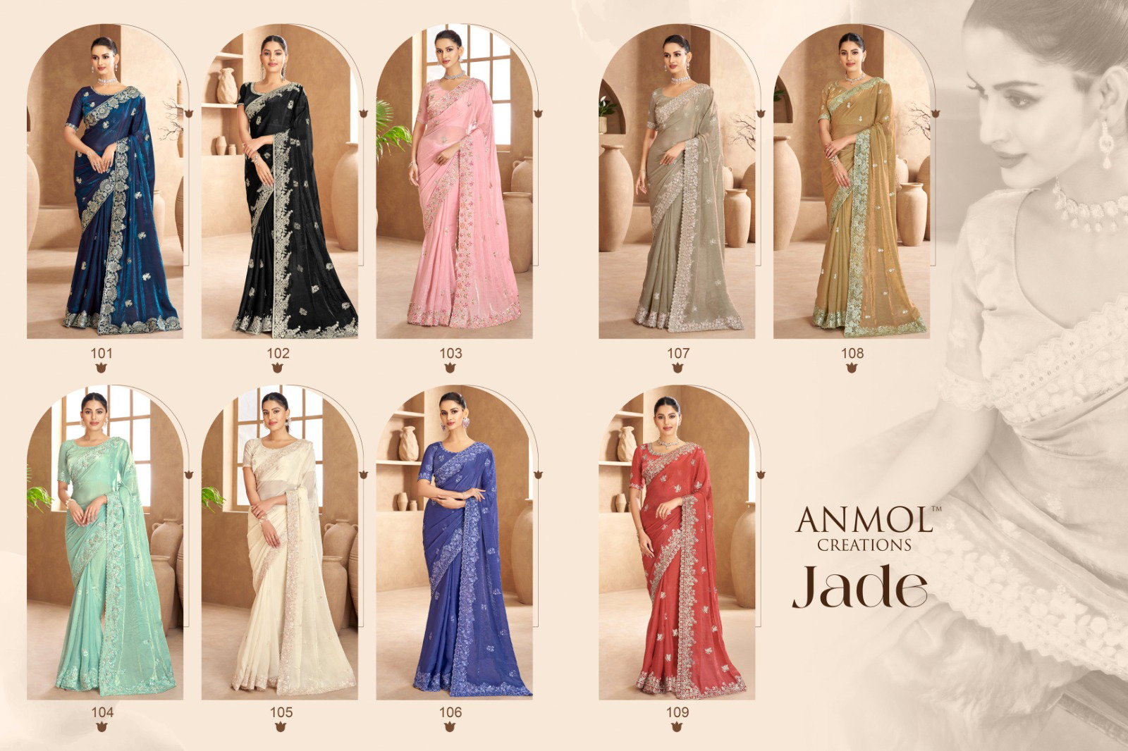 Anmol Jade Fendi Satin Embroidered Designer Saree Collection