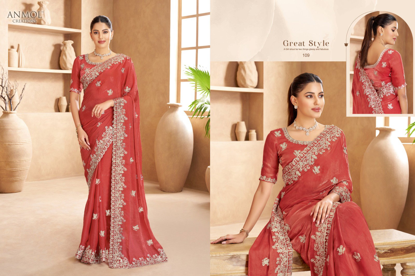 Anmol Jade Fendi Satin Embroidered Designer Saree Collection