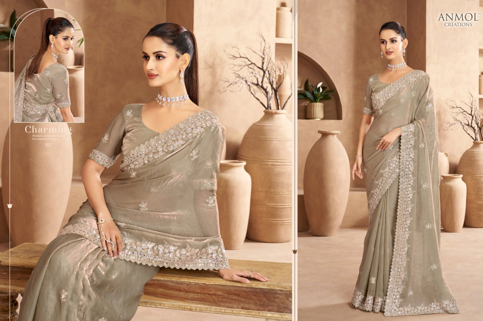 Anmol Jade Fendi Satin Embroidered Designer Saree Collection