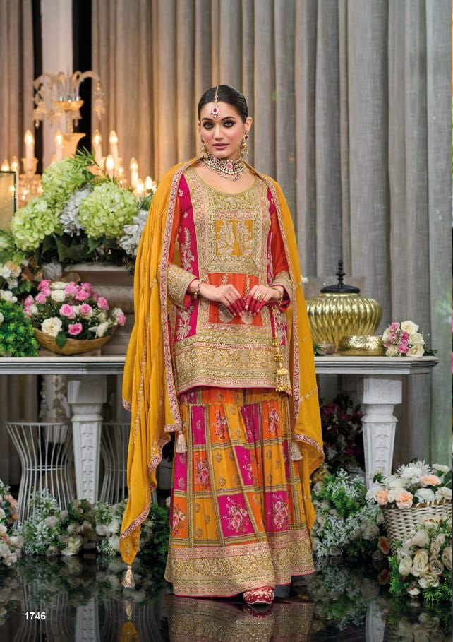 Rang Sharara Super Hit Designer Embroidered Chinon Salwar Suits Collection