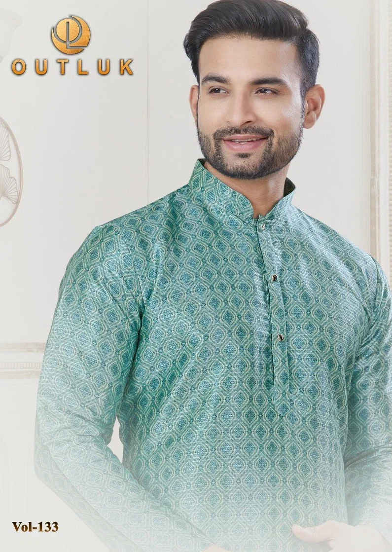 Outluk Vol 133 Jacquard Silk Digital Printed Mens Kurta With Pyjama