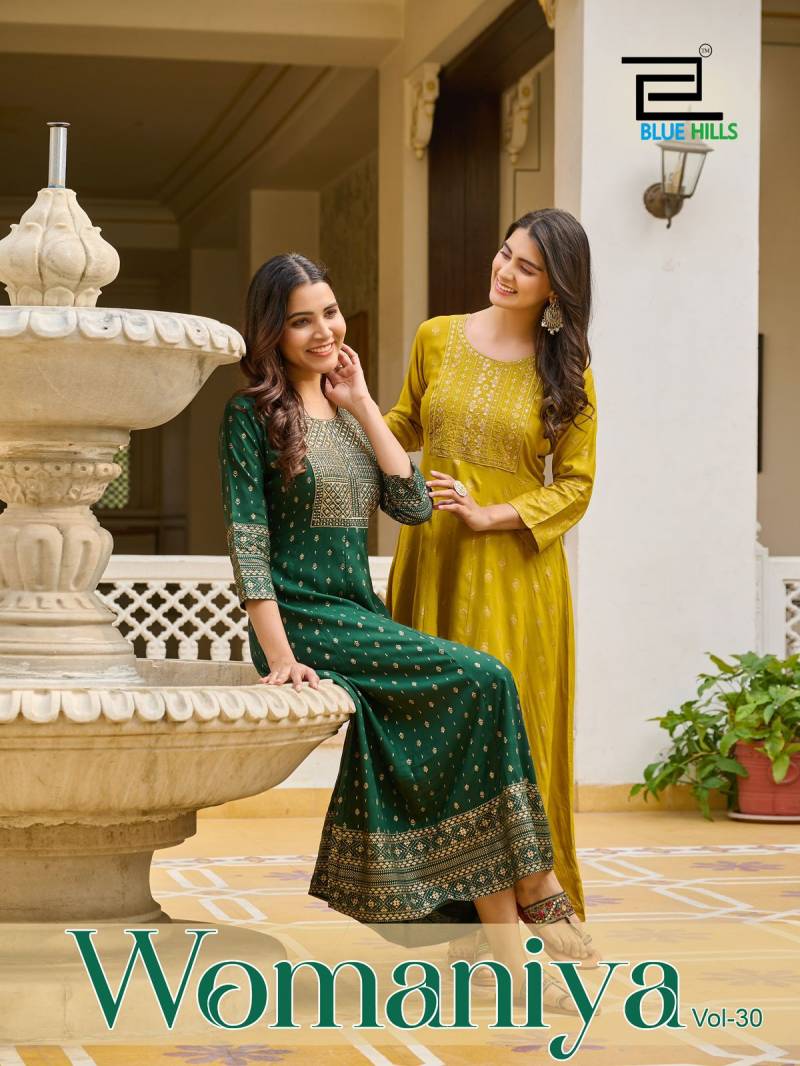 Blue Hills Womaniya Vol 30 Rayon Foil Printed Anarkali Kurti Collection
