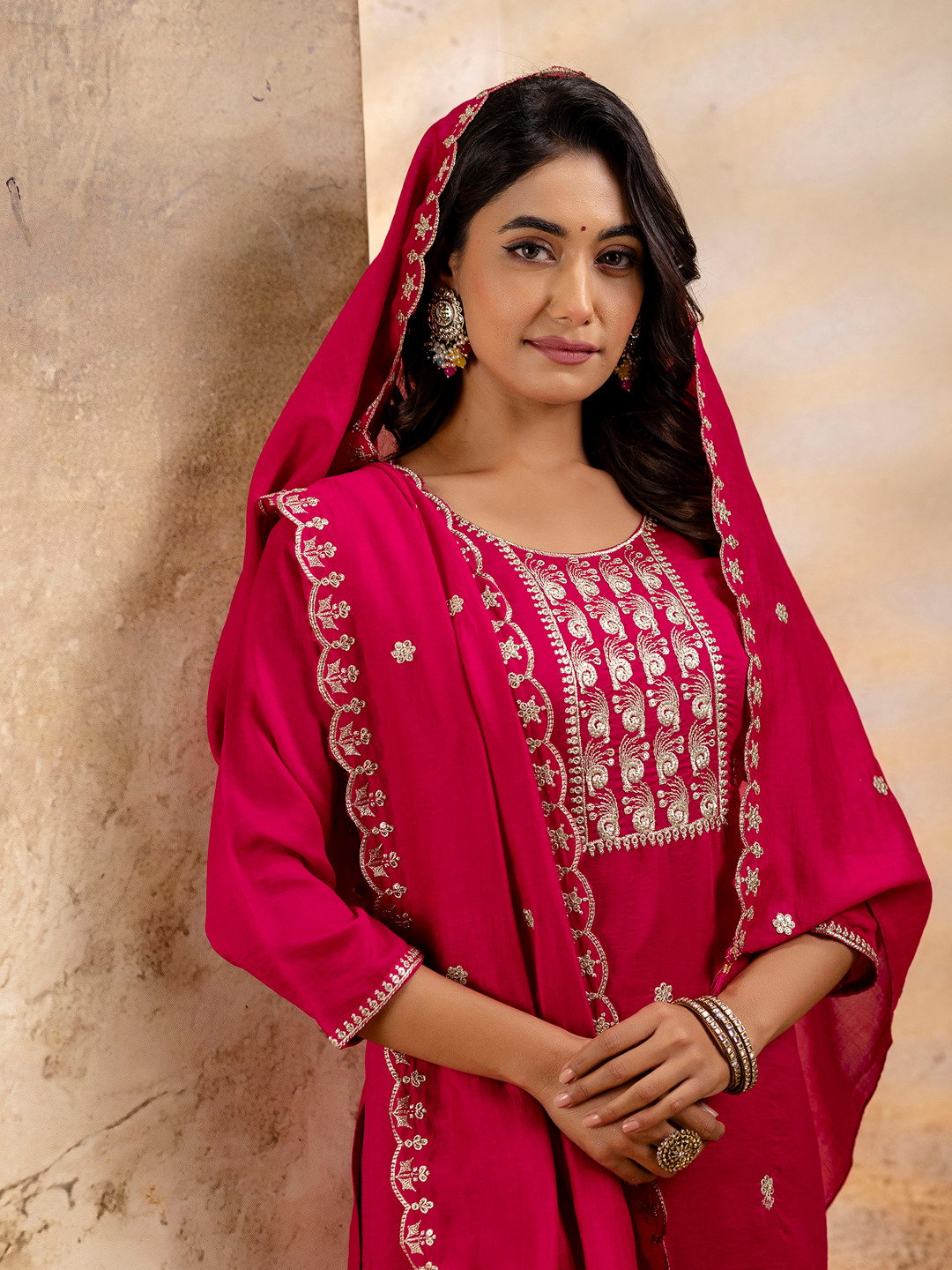 VredeVogel Vidisha Designer Vichitra With Embroidery Kurti Pant With Dupatta