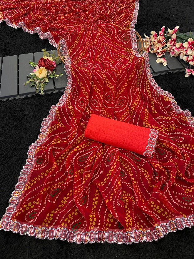 Mahek 176 Party Wear Bandhani Printed Georgette Saree with Sirvoski Worked Lace Border 