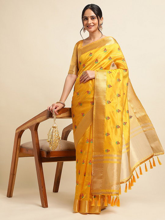 Jasmin Party Wear Embroidery Worked Cotton Silk Saree with Golden Jari Border