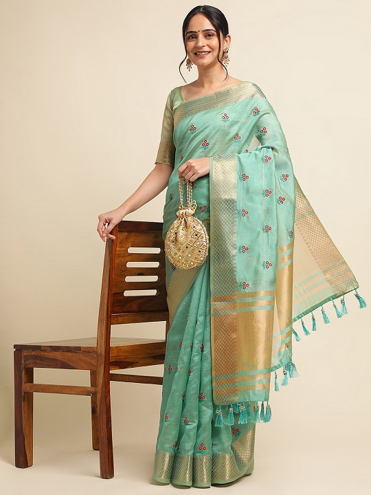 Jasmin Party Wear Embroidery Worked Cotton Silk Saree with Golden Jari Border