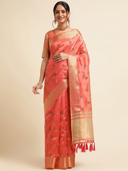 Jasmin Party Wear Embroidery Worked Cotton Silk Saree with Golden Jari Border