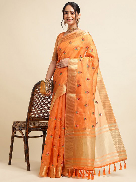 Jasmin Party Wear Embroidery Worked Cotton Silk Saree with Golden Jari Border