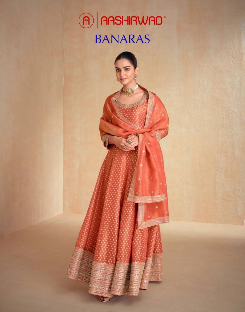 Aashirwad Banaras Organza Jacquard Silk Designer Gown With Dupatta