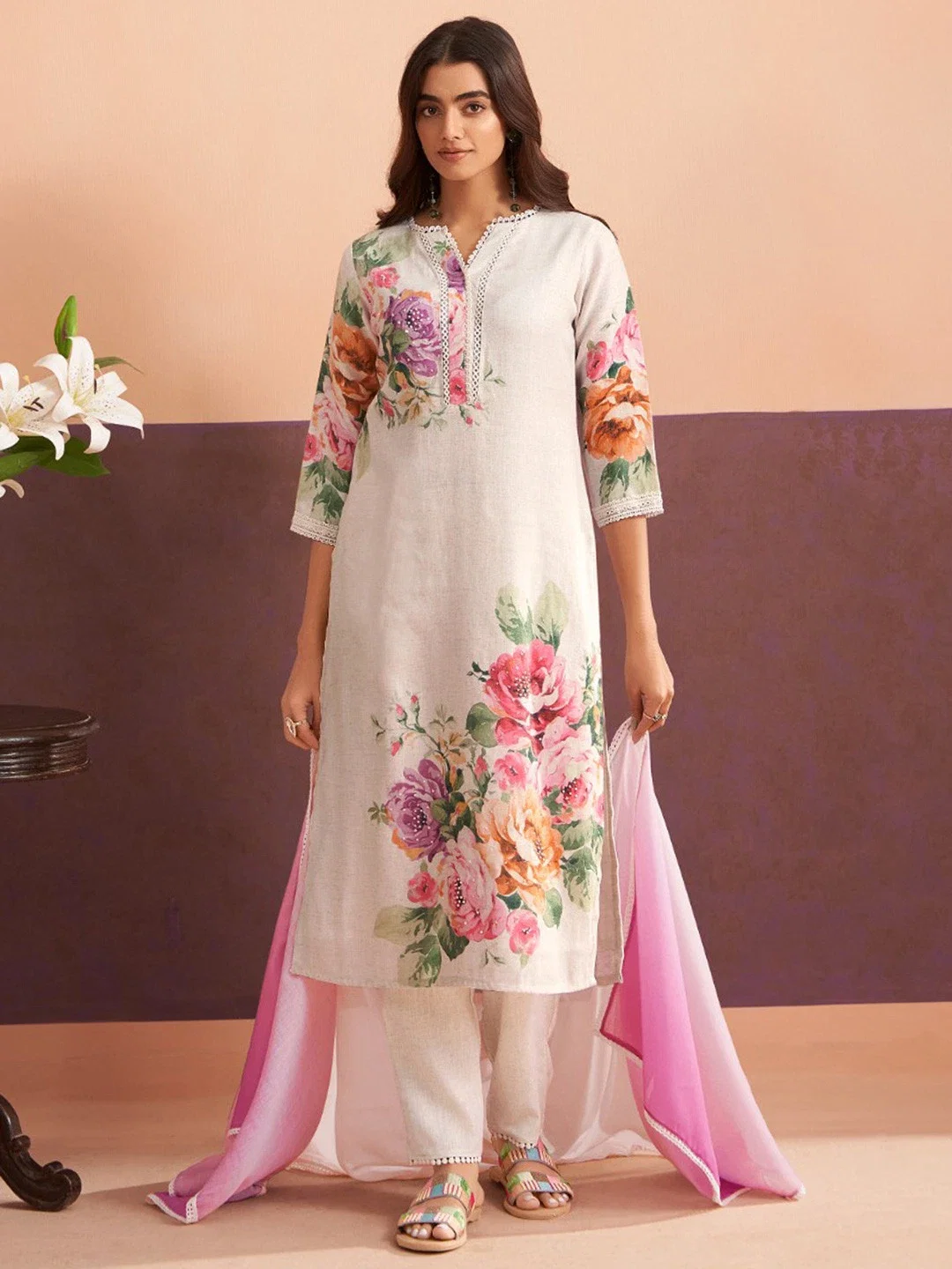 Indo Era 2549 Floral Printed Linen Kurti With Bottom Collection