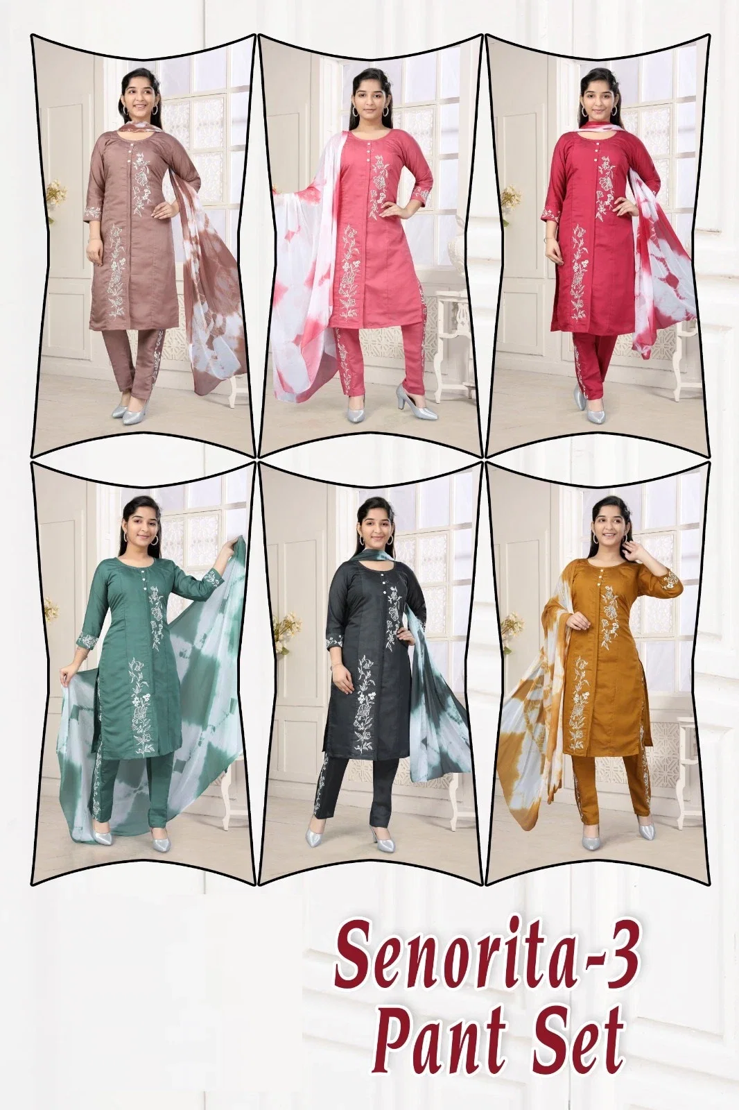 Senorita 3 Pant Set Roman Silk Kurti Pant With Dupatta Collection