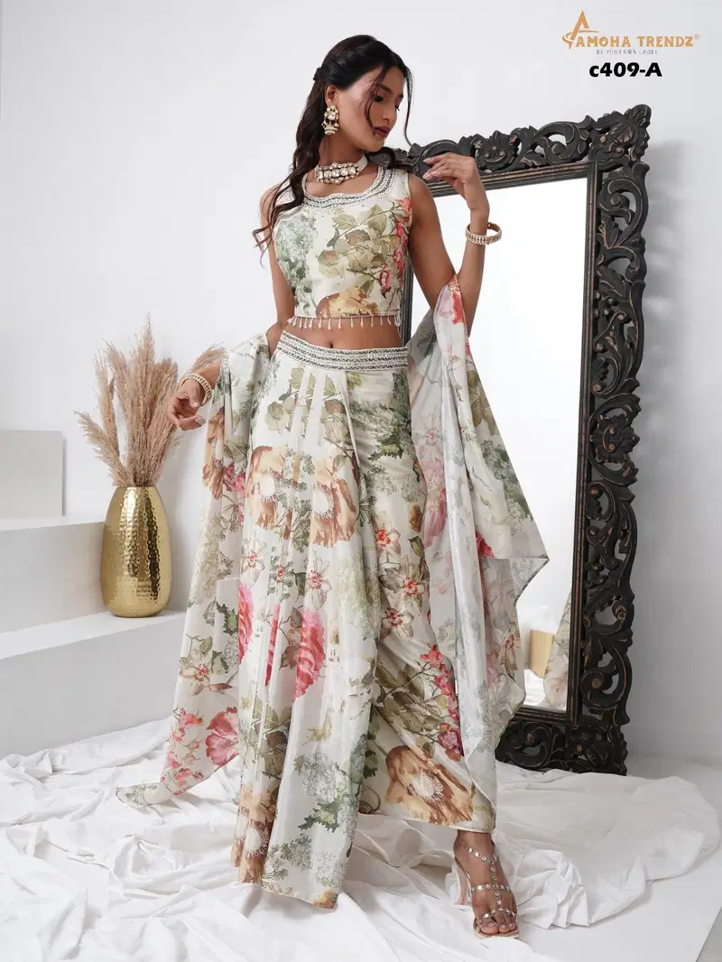 Amoha C409 Chinon Printed Embroidery Readymade Indo Western