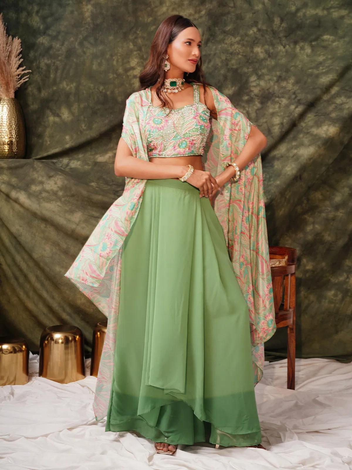 Amoha C407 Chinon Printed Embroidery Readymade Indo Western