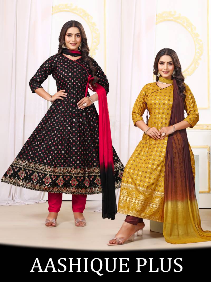 Aashique Plus Vol 1 Rayon Foil Printed Kurti Pant With Dupatta Collection
