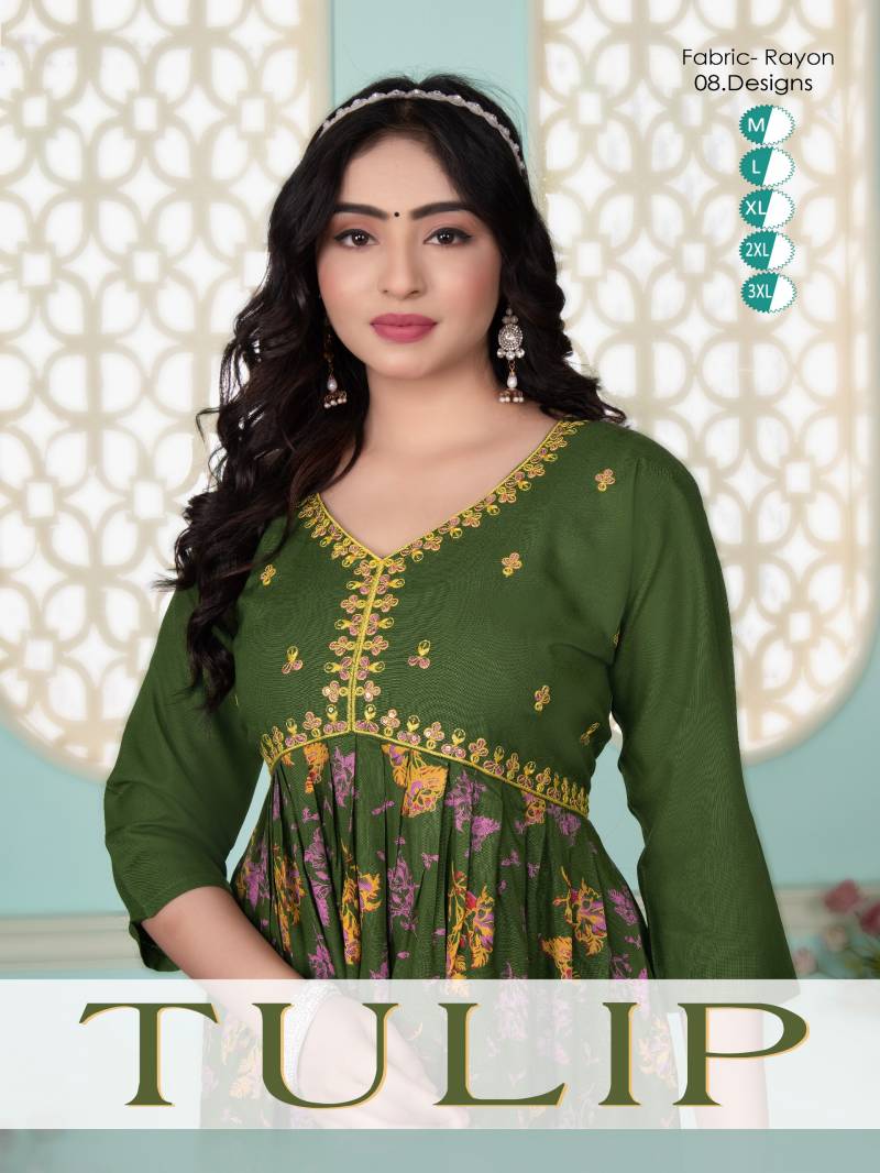 Fashion Talk Tulip Rayon Embroidered Alia Cut Kurtis Collection