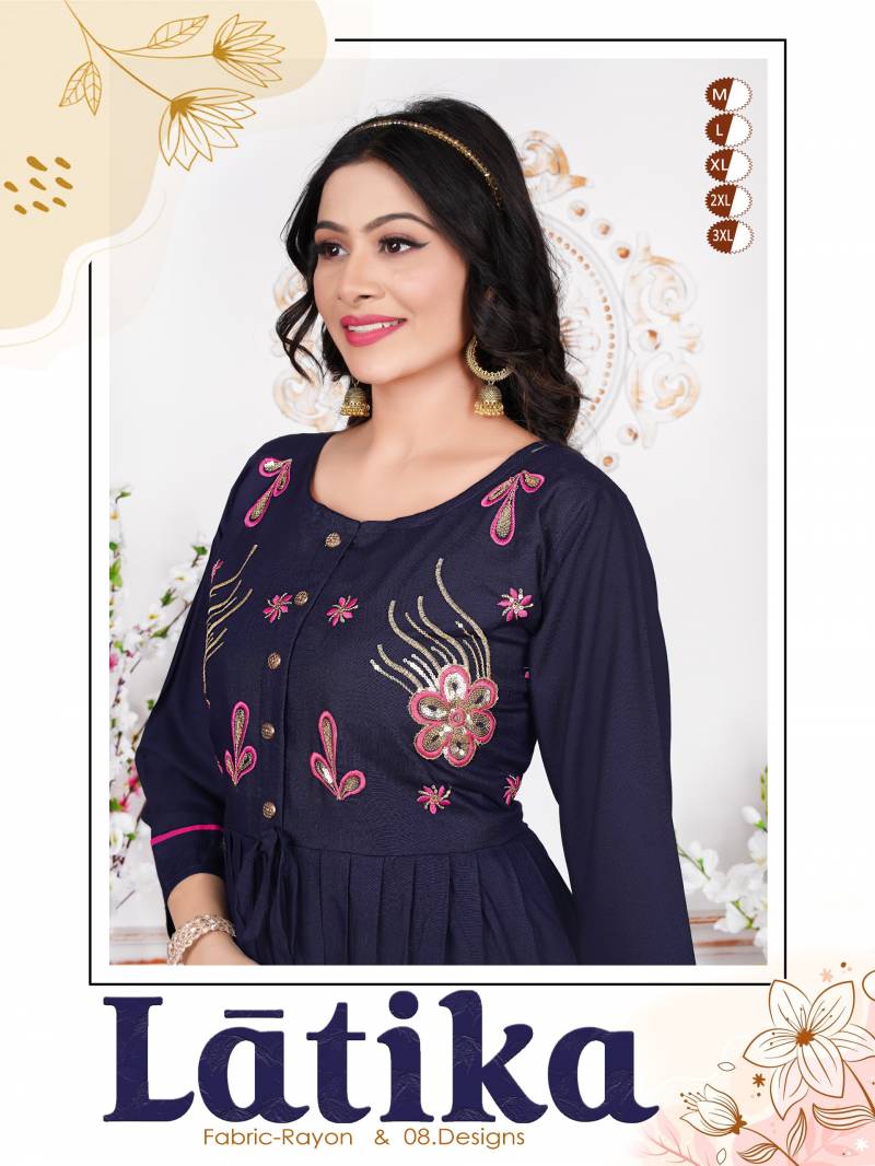 Trendy Latika Embroidered Fancy Rayon Kurtis Collection