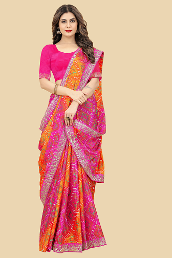 Mayurika Party Wear Bandhej Print Chinnon Silk Saree with Heavy Lace Border  