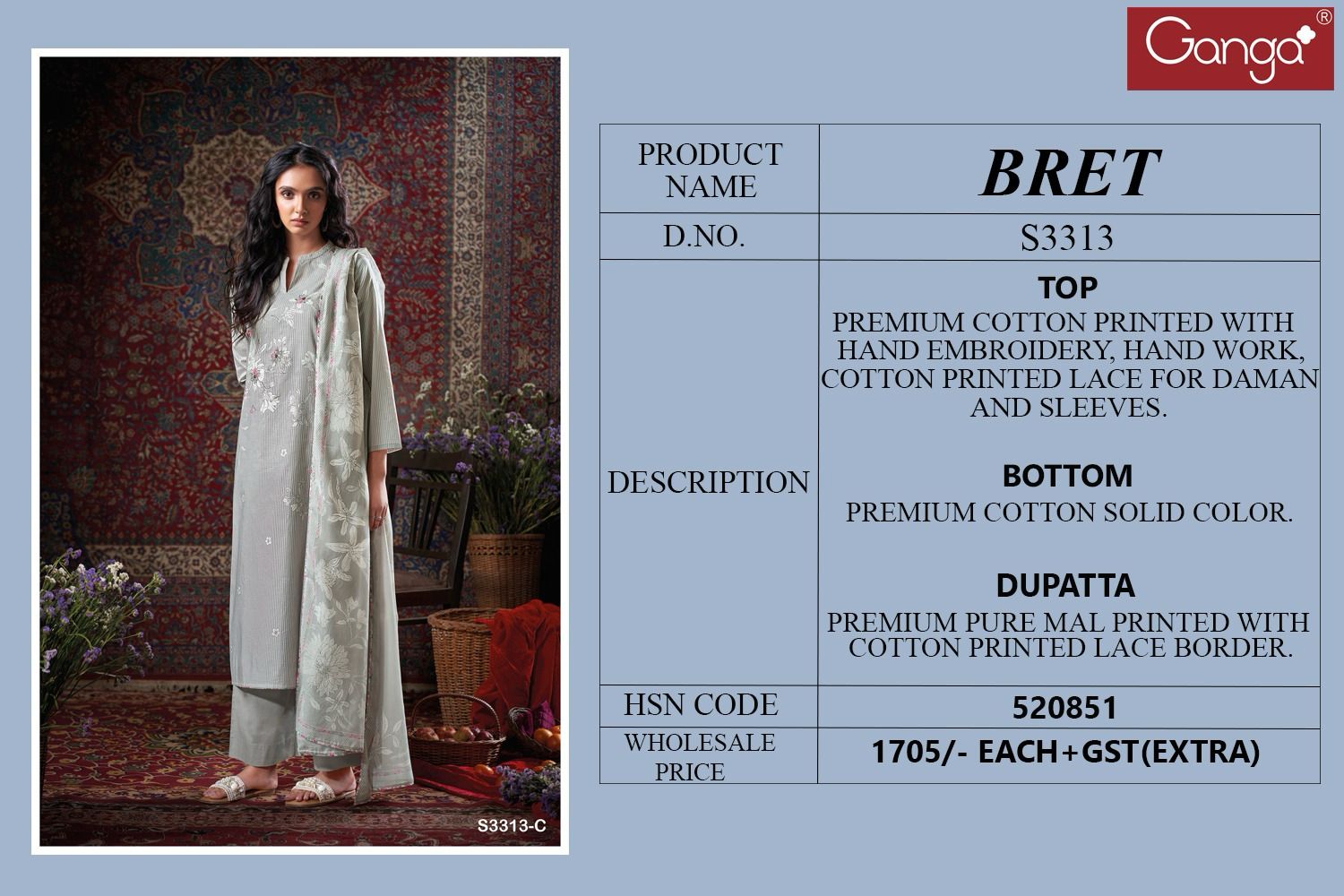 Ganga Bret Cotton Printed Embroidered Salwar Suit Collection