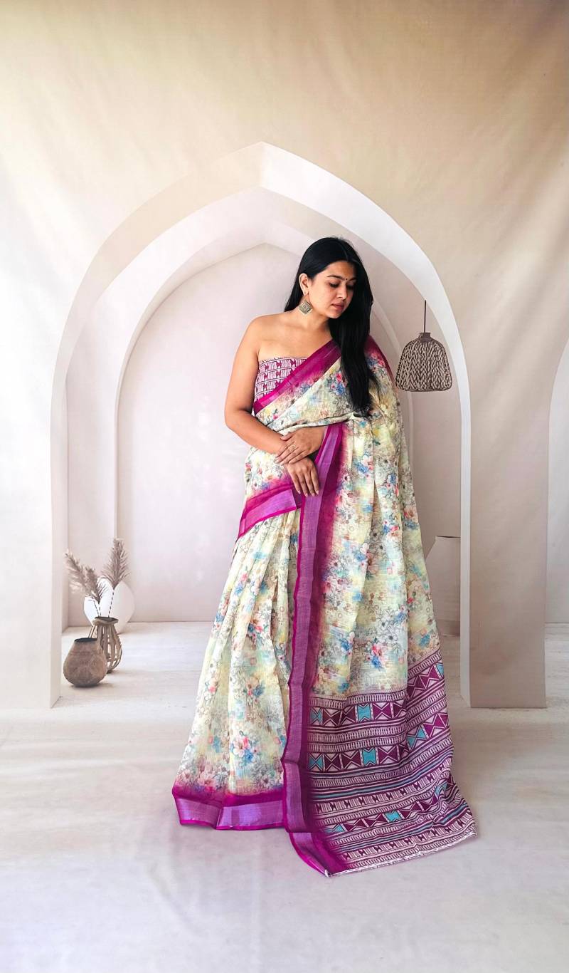 Scmd Akash Casual Wear Linen Printed Saree Collection