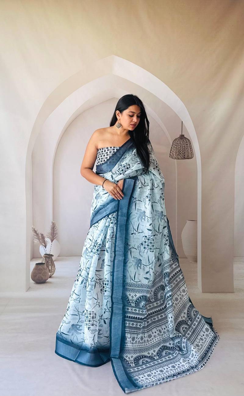 Scmd Nikita Party Wear Printed Linen Fancy Saree Collection