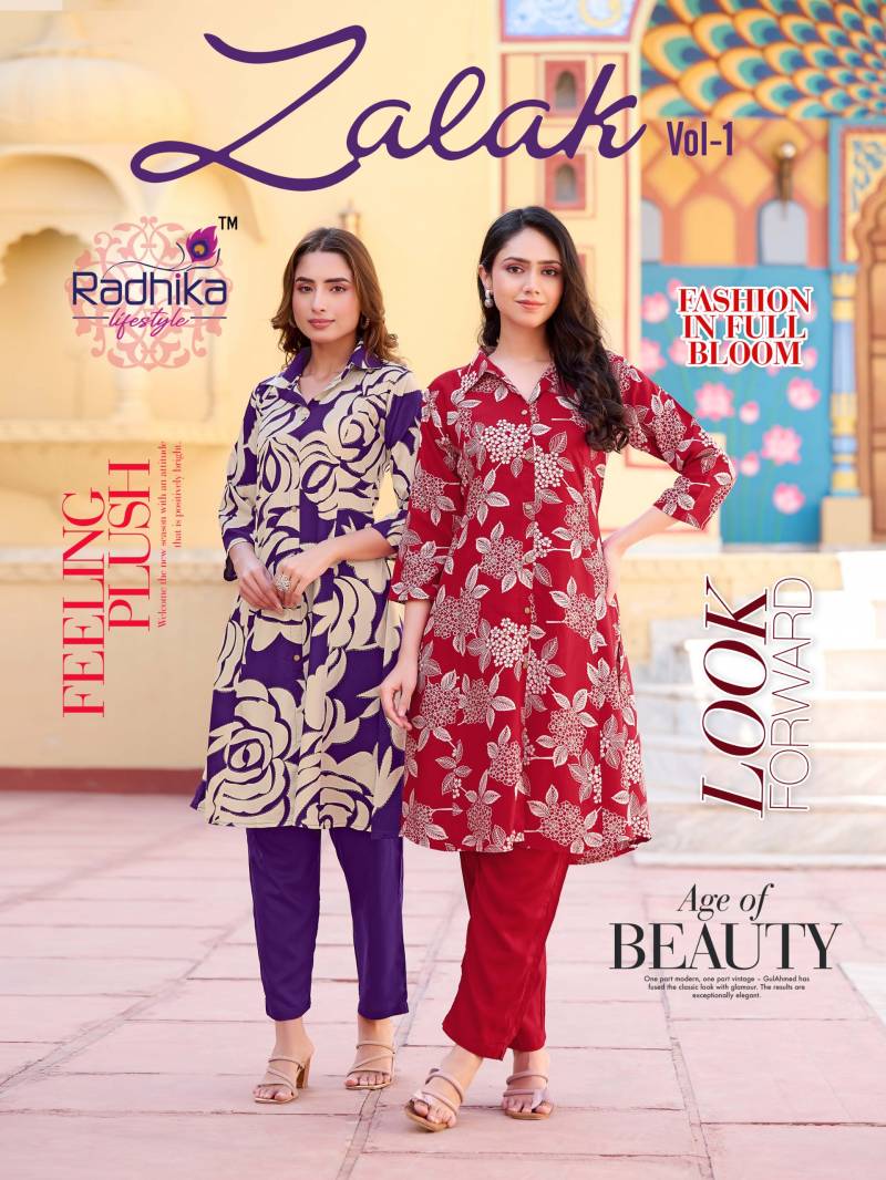 Radhika Zalak Vol 1 Rayon Discharge Foil Printed Co Ord Set