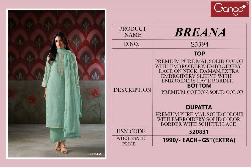 Ganga Breana Mal Solid Embroidered Salwar Suit Collection