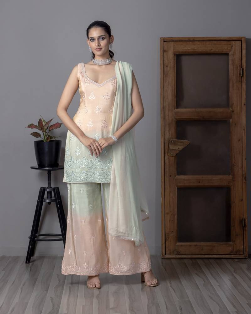 Tcs 113 Pink And Light Green Shaded Viscose Designer Suit Collection